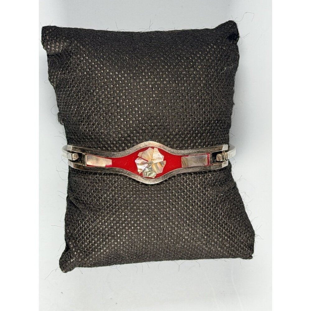 Vintage Mexican Sterling Silver Red Inlay Abalone Flower Bangle 7.5” 14g